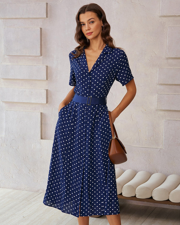 SALE | Blue Polka Dot Belted Midi Dress