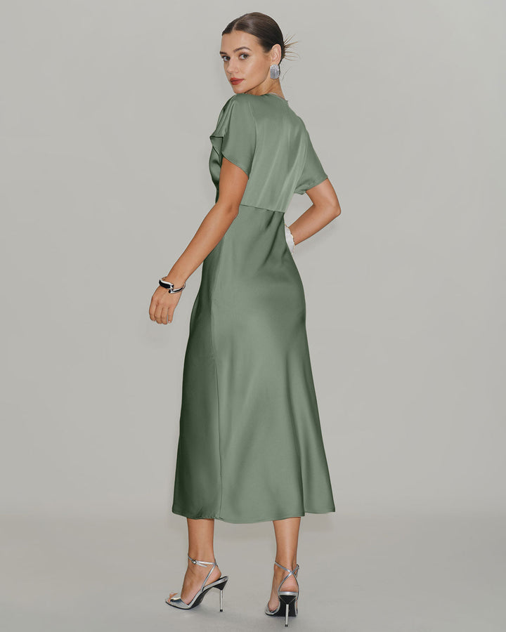 SALE | Green Satin V Neck Midi Dress