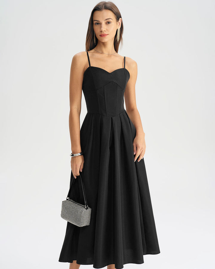 SALE | Black Pleated Slip Midi Dress