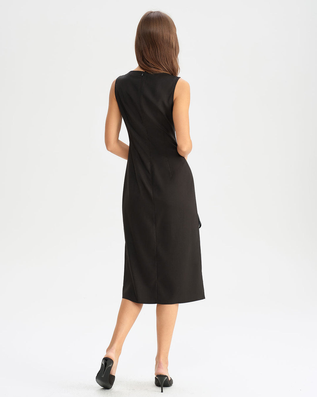 SALE | Black Boat Neck Slit Sleeveless Midi Dress
