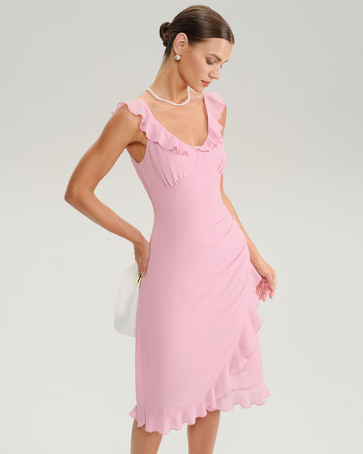 SALE | Pink V Neck Ruffle Sleeveless Midi Dress