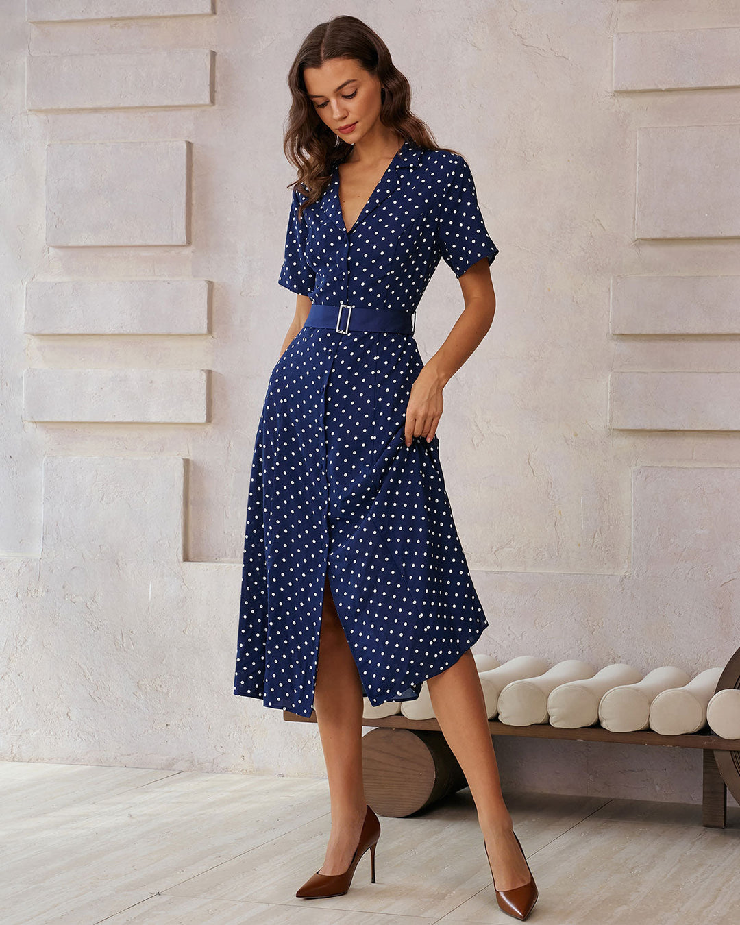 SALE | Blue Polka Dot Belted Midi Dress