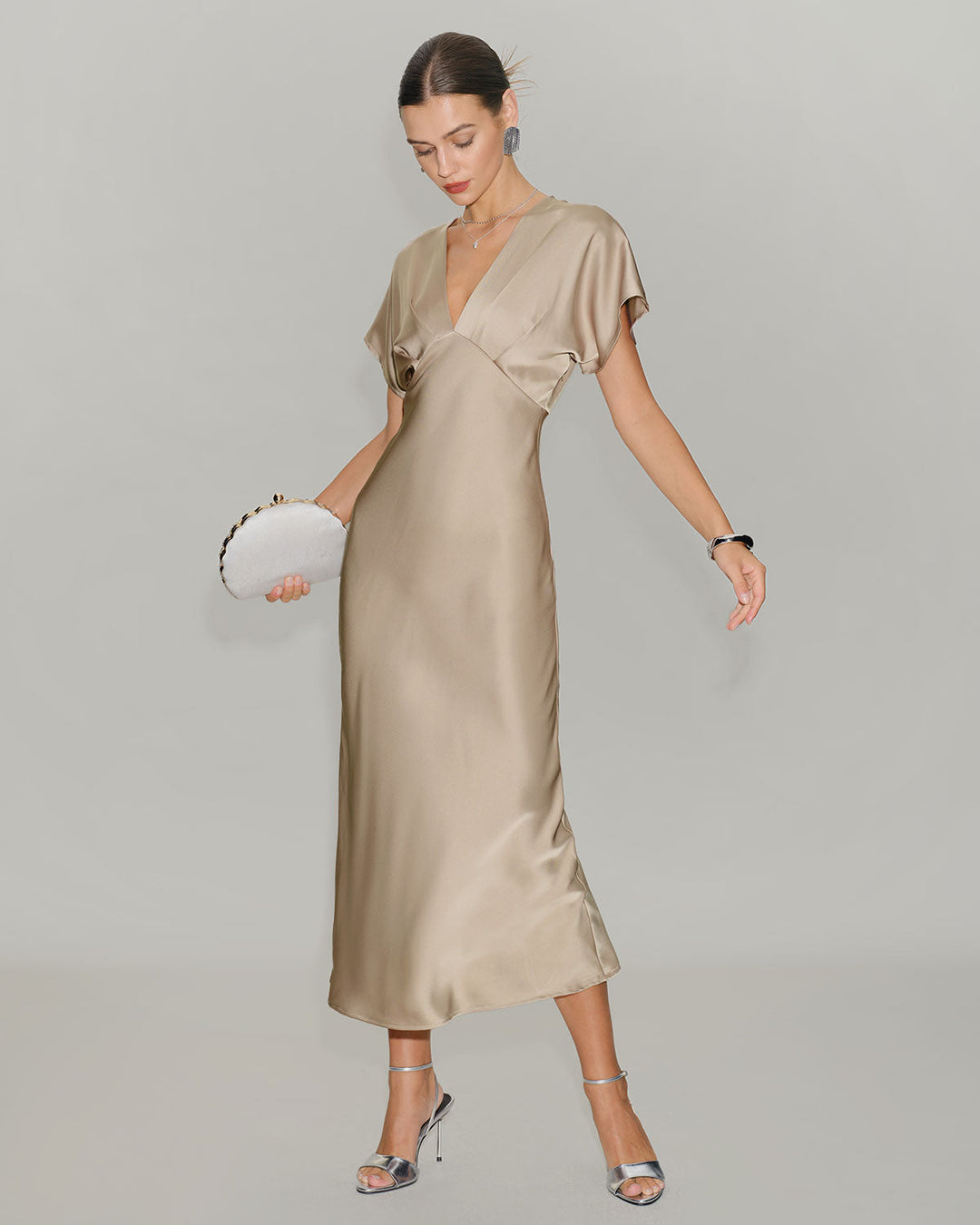SALE | Apricot Satin V Neck A-Line Midi Dress