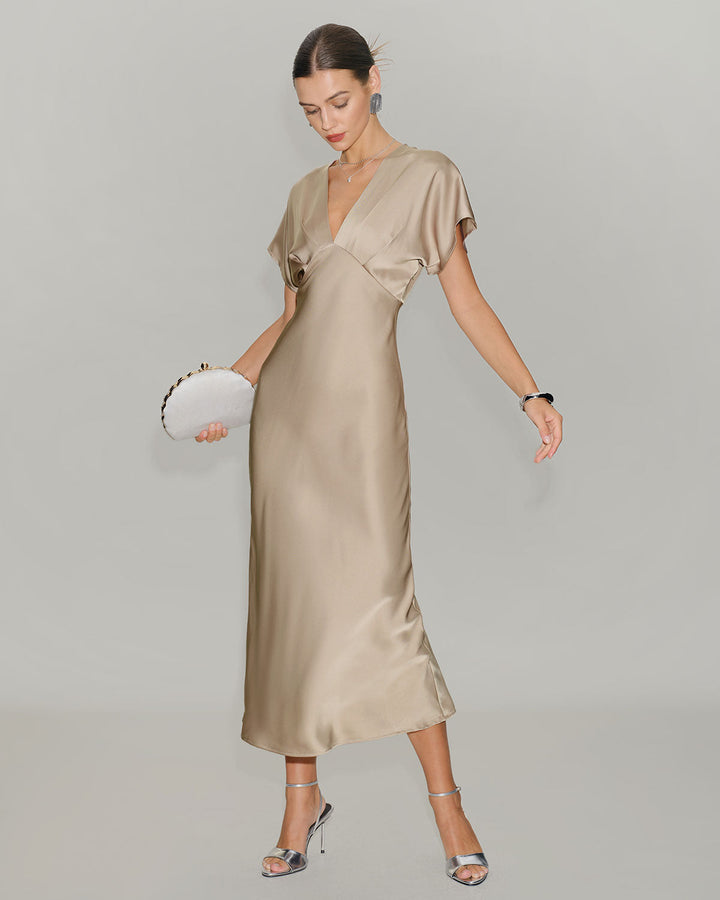 SALE | Apricot Satin V Neck A-Line Midi Dress