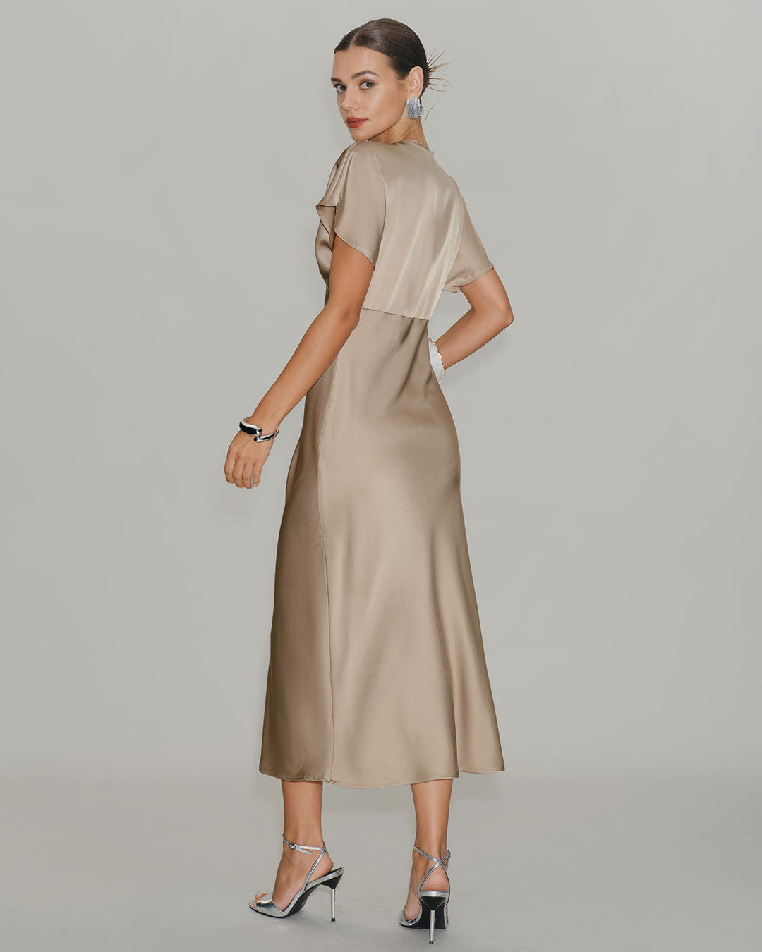 SALE | Apricot Satin V Neck A-Line Midi Dress