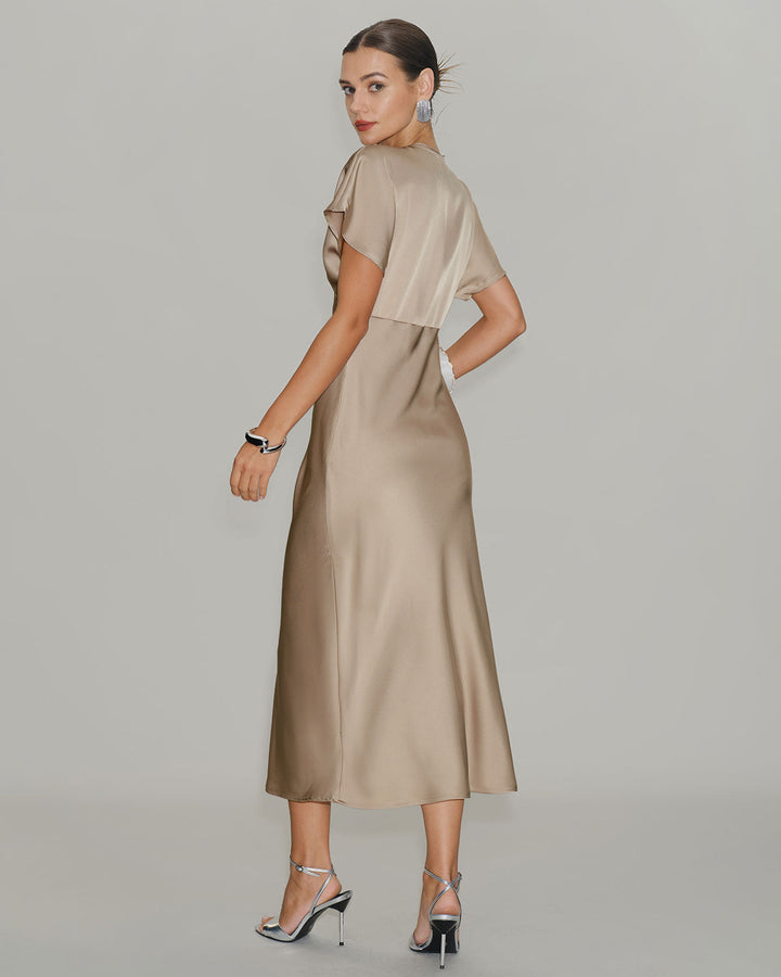 SALE | Apricot Satin V Neck A-Line Midi Dress