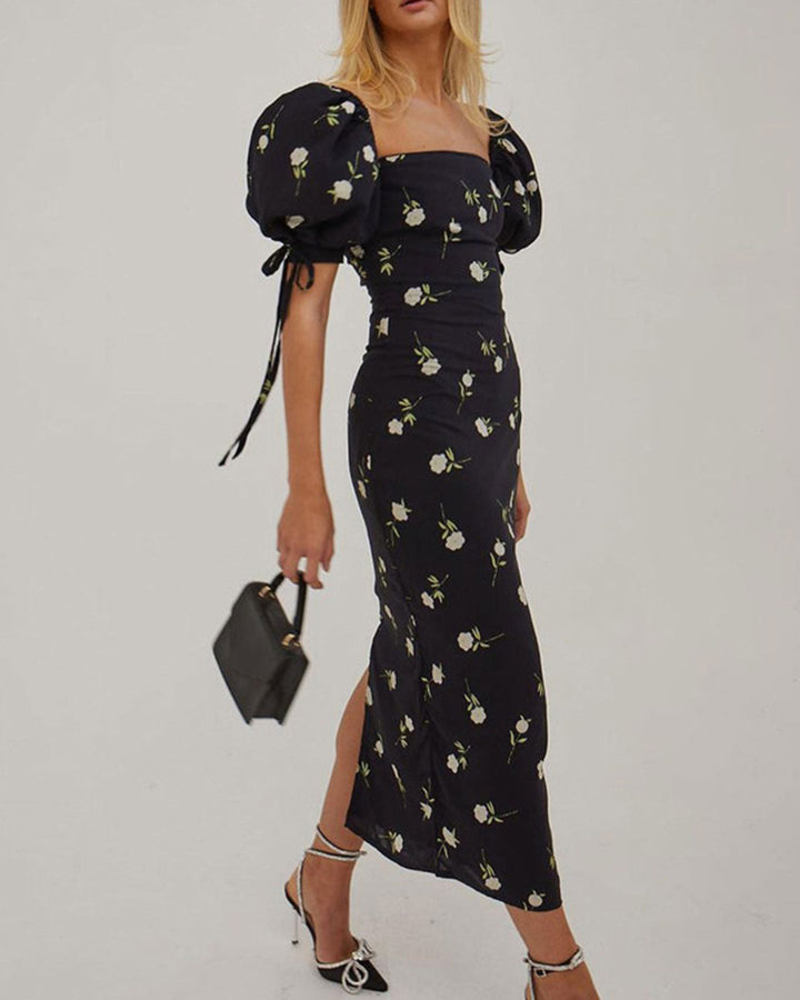 SALE | Black Square Neck Floral Midi Dress