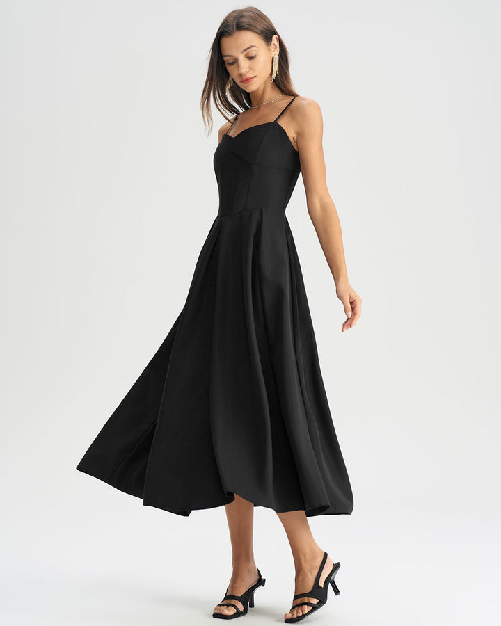 SALE | Black Pleated Slip Midi Dress