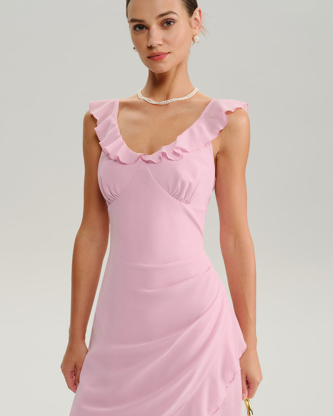 SALE | Pink V Neck Ruffle Sleeveless Midi Dress