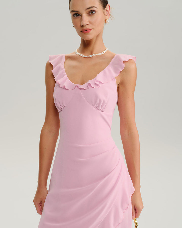 SALE | Pink V Neck Ruffle Sleeveless Midi Dress