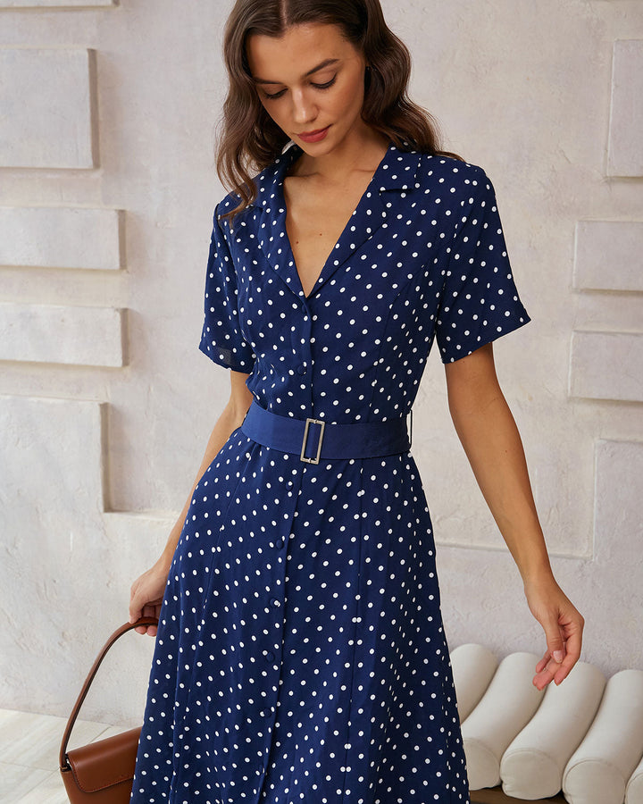 SALE | Blue Polka Dot Belted Midi Dress