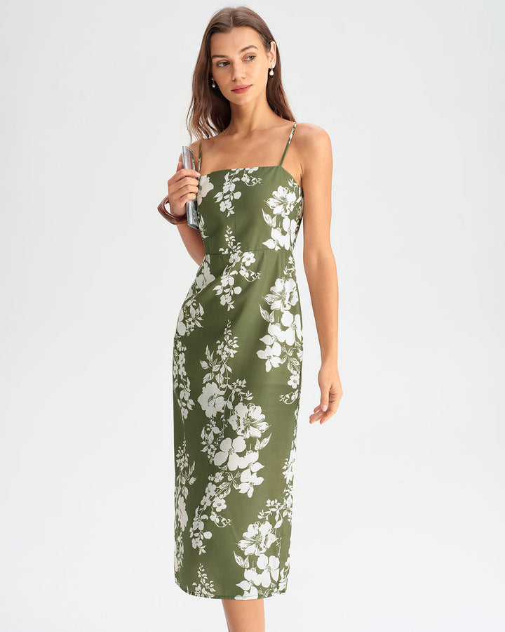 SALE | Green Floral Slip Midi Dress
