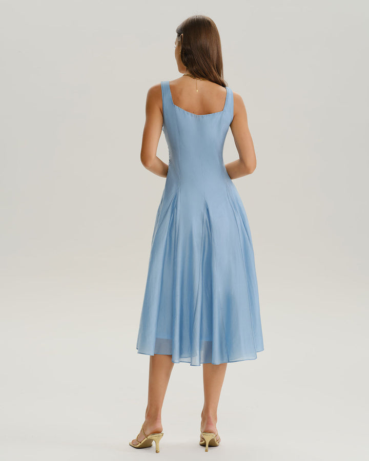 SALE | Blue Square Neck A-Line Sleeveless Midi Dress