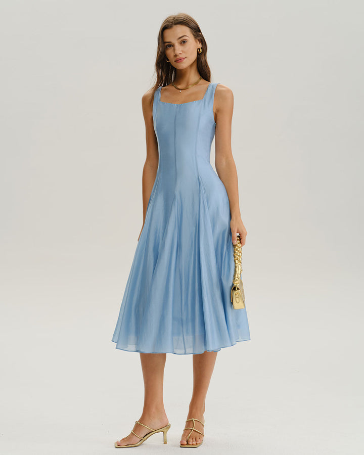 SALE | Blue Square Neck A-Line Sleeveless Midi Dress