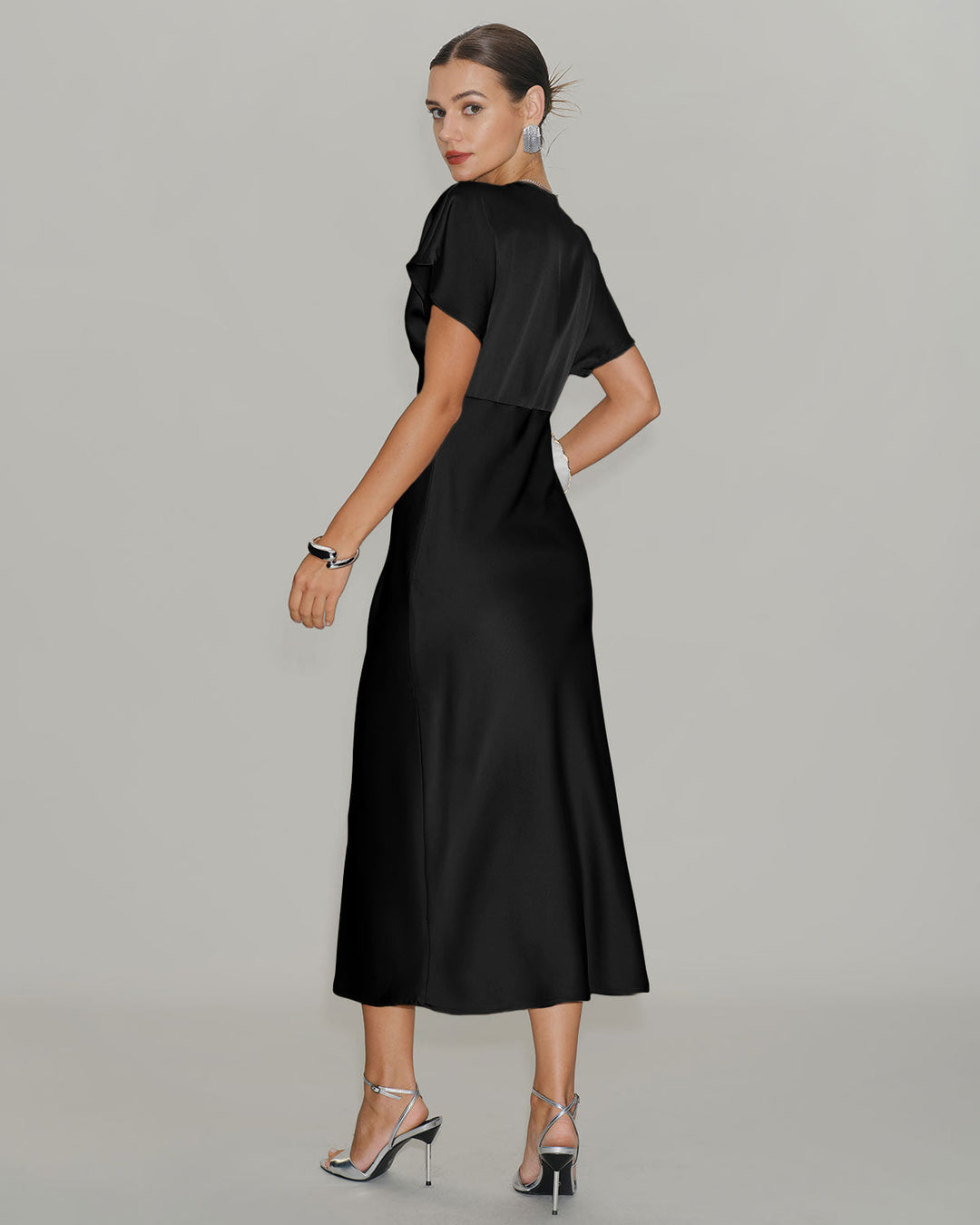SALE | Black Satin V Neck Cowl Sleeve Midi Dress