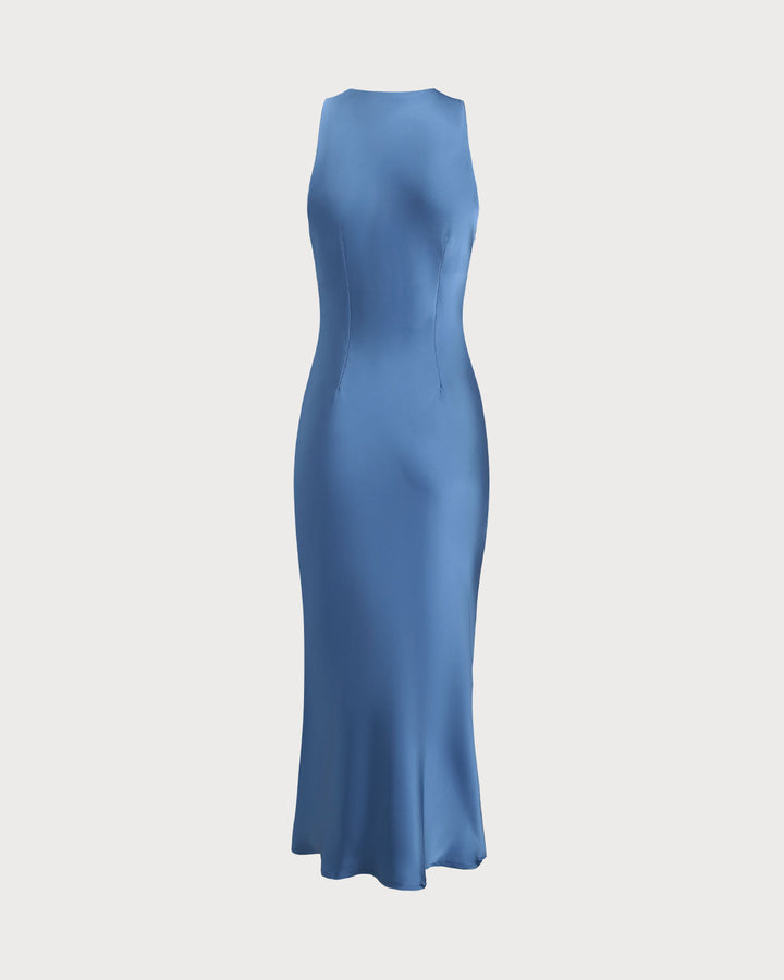 SALE | Blue Satin Boat Neck Slip Midi Dress
