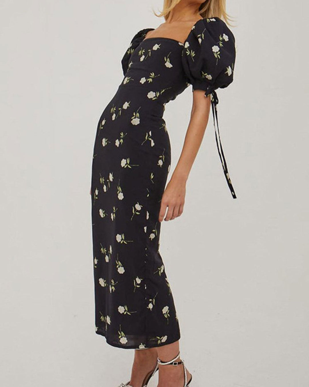 SALE | Black Square Neck Floral Midi Dress