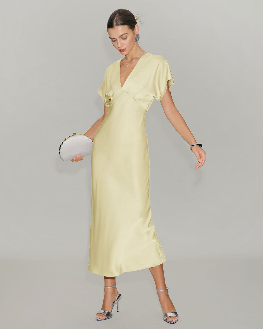 SALE | Yellow Satin Cowl Sleeve Midi Dress