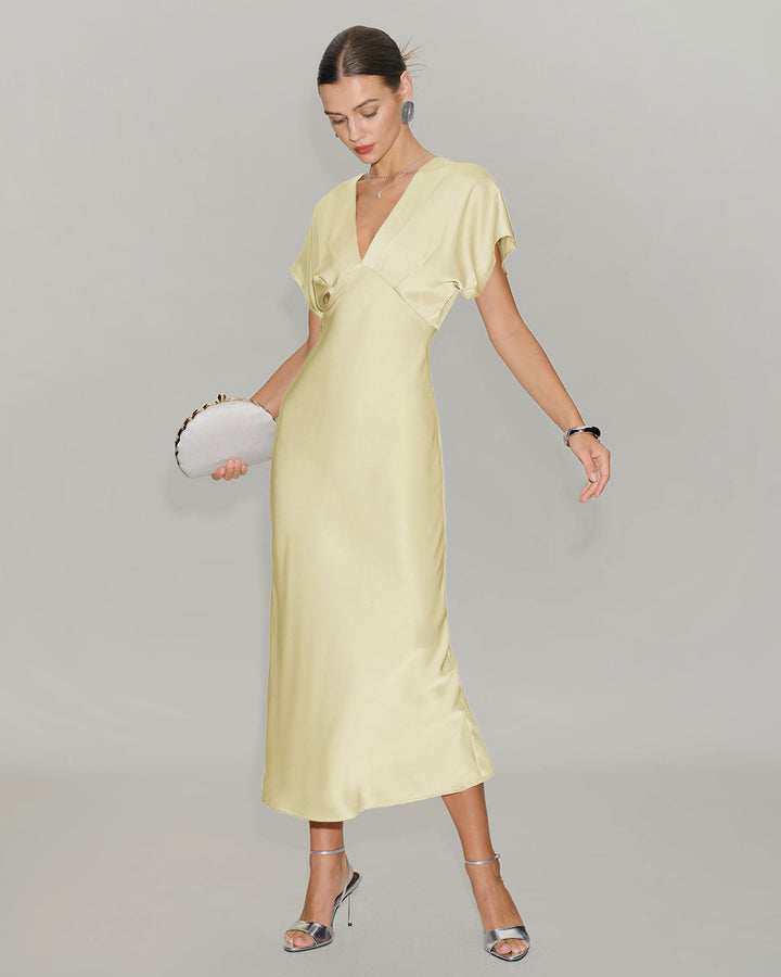 SALE | Yellow Satin Cowl Sleeve Midi Dress