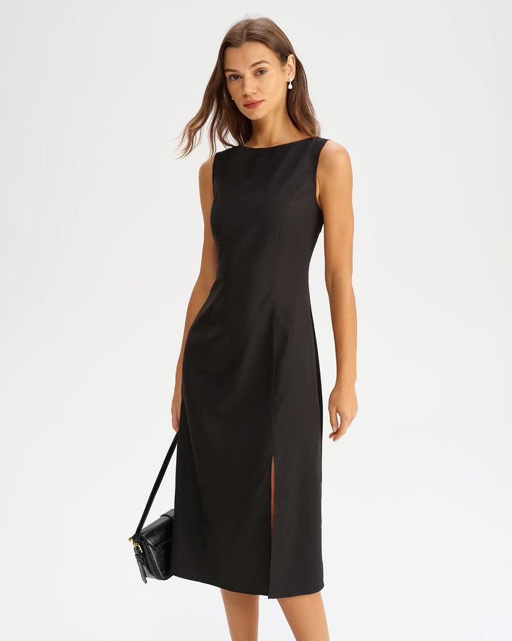 SALE | Black Boat Neck Slit Sleeveless Midi Dress