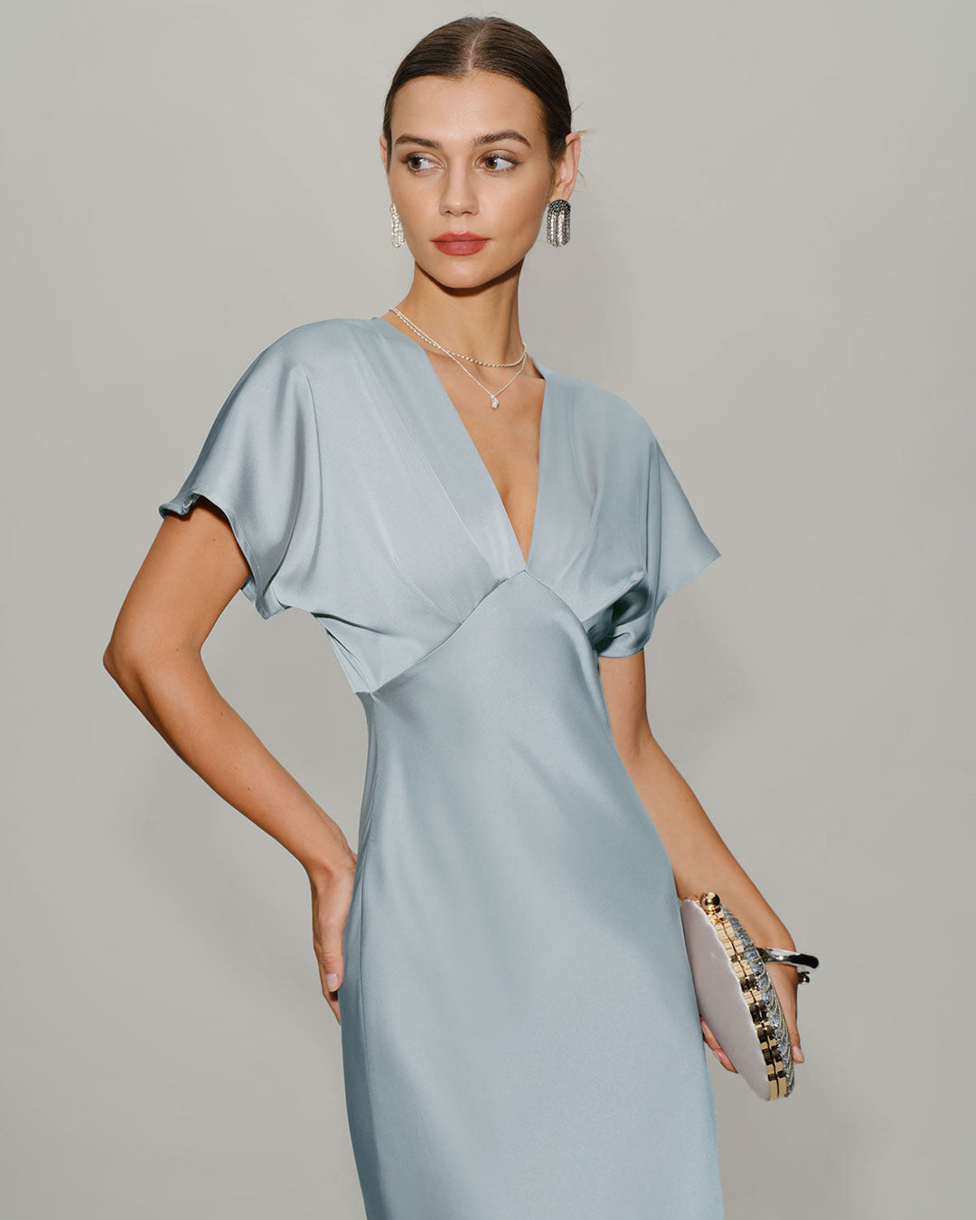 SALE | Blue Satin Cowl Sleeve Midi Dress