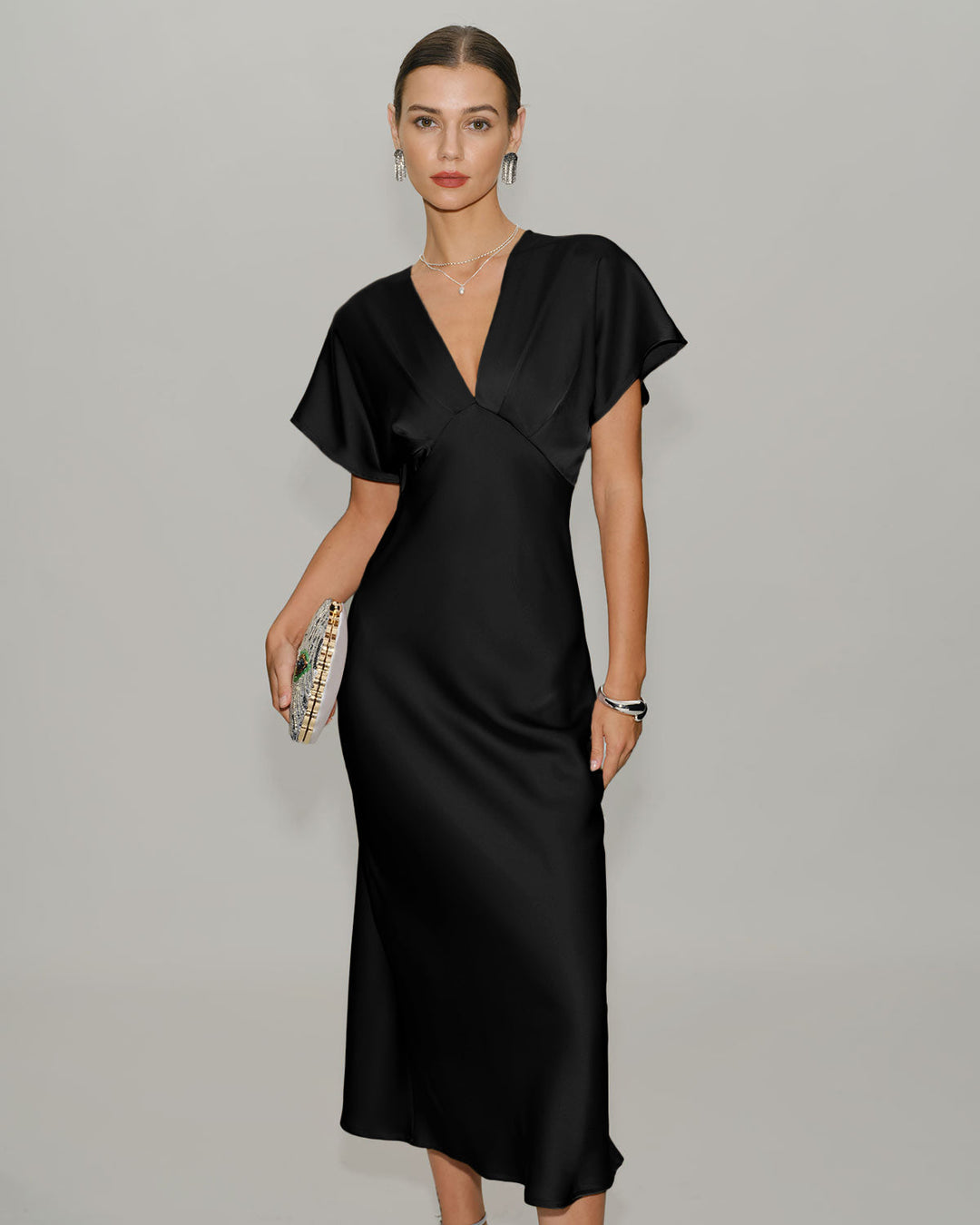 SALE | Black Satin V Neck Cowl Sleeve Midi Dress
