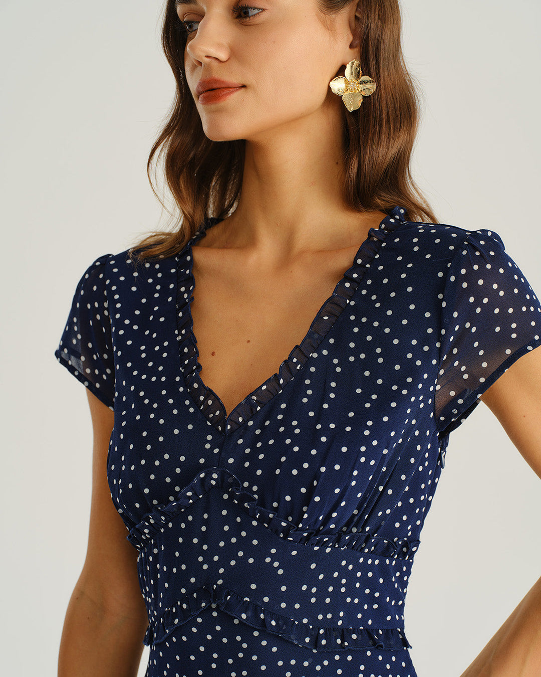 SALE | Navy Polka Dot Cap Sleeve Midi Dress