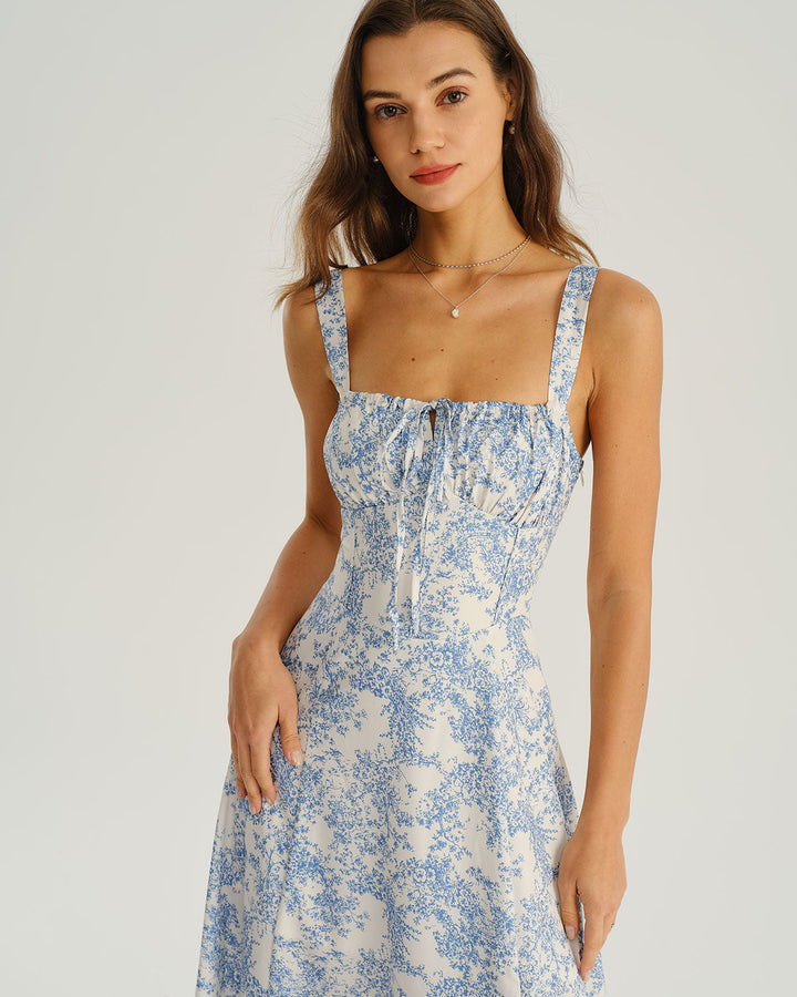 SALE | Blue Floral Ruched Slip Midi Dress