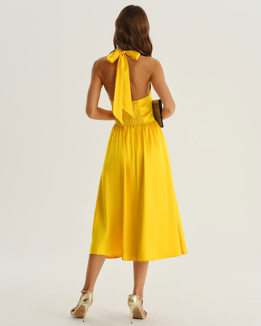 SALE | Yellow Satin A-Line Halter Midi Dress