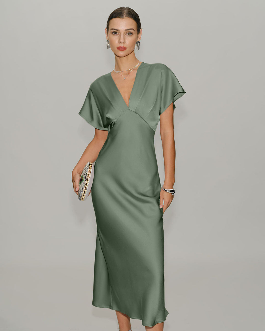 SALE | Green Satin V Neck A-Line Midi Dress