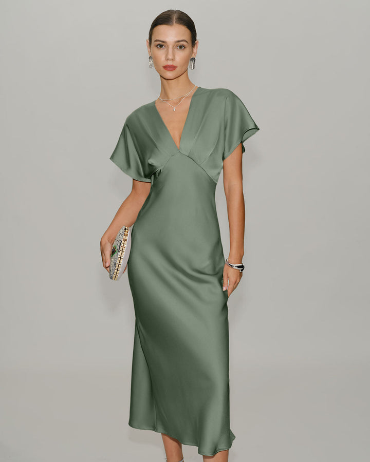 SALE | Green Satin V Neck A-Line Midi Dress