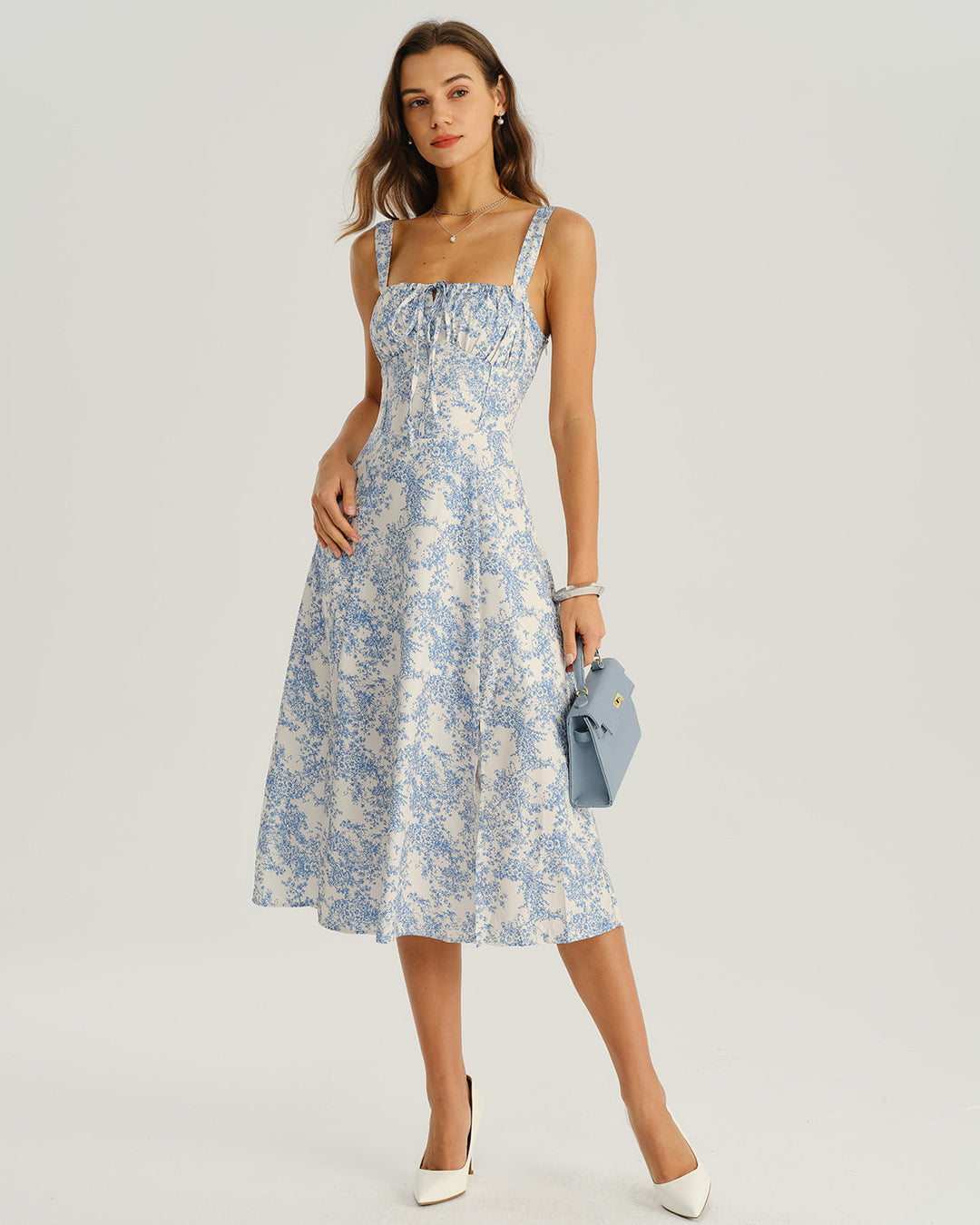 SALE | Blue Floral Ruched Slip Midi Dress