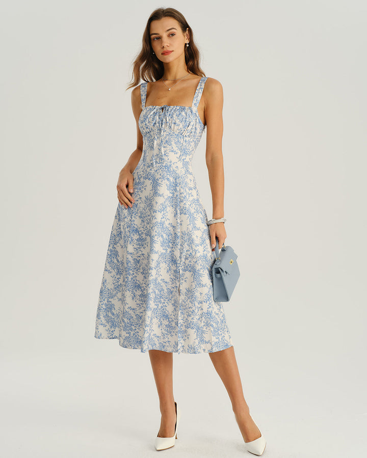 SALE | Blue Floral Ruched Slip Midi Dress