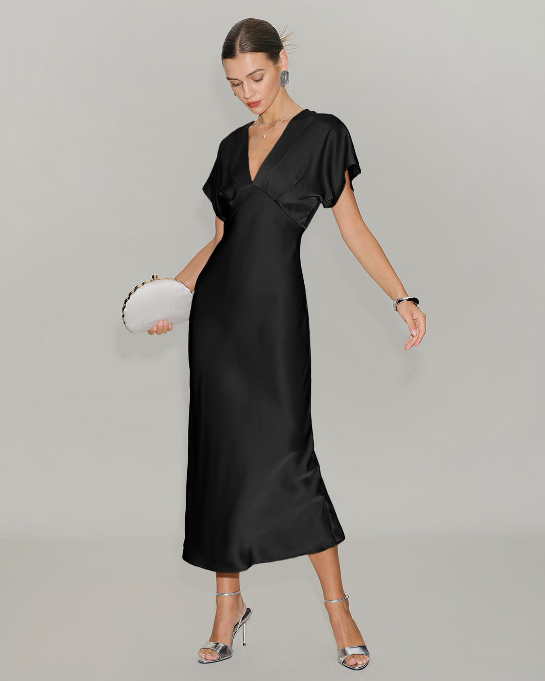 SALE | Black Satin V Neck Cowl Sleeve Midi Dress