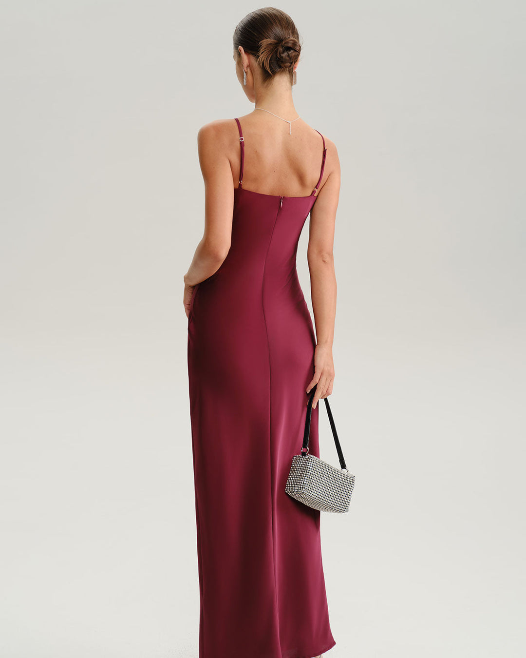 SALE | Wine Red Ruched V Neck Slip Maxi Dress