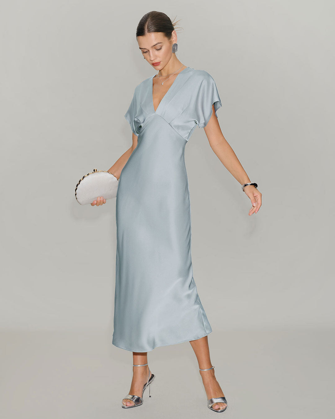 SALE | Blue Satin Cowl Sleeve Midi Dress