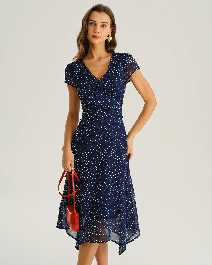 SALE | Navy Polka Dot Cap Sleeve Midi Dress
