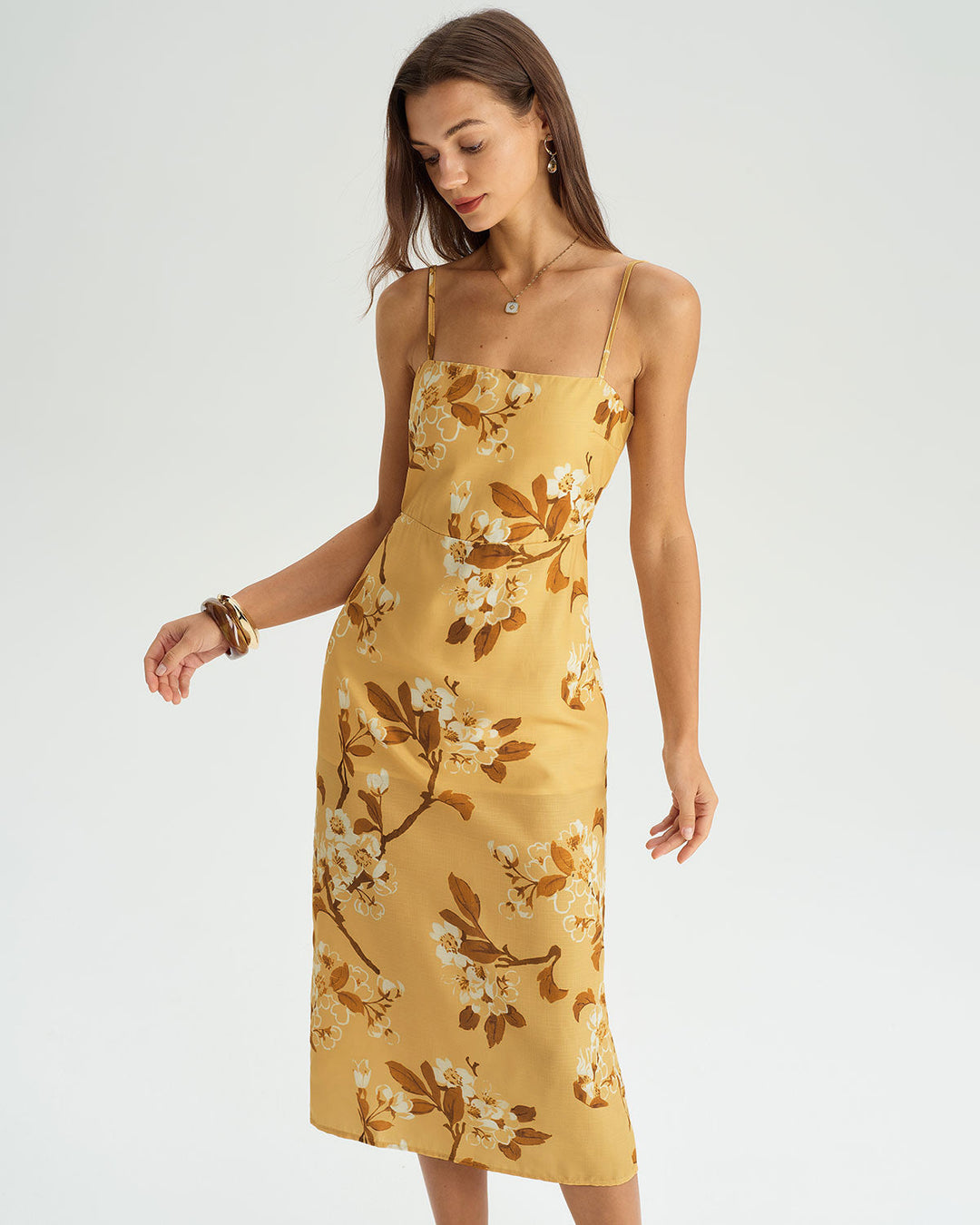 SALE | Yellow Floral Shirred Slip Midi Dress