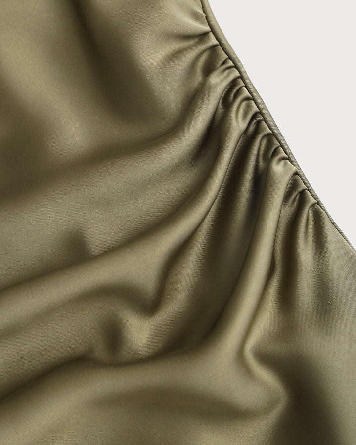SALE | Green Satin Boat Neck Slip Midi Dress