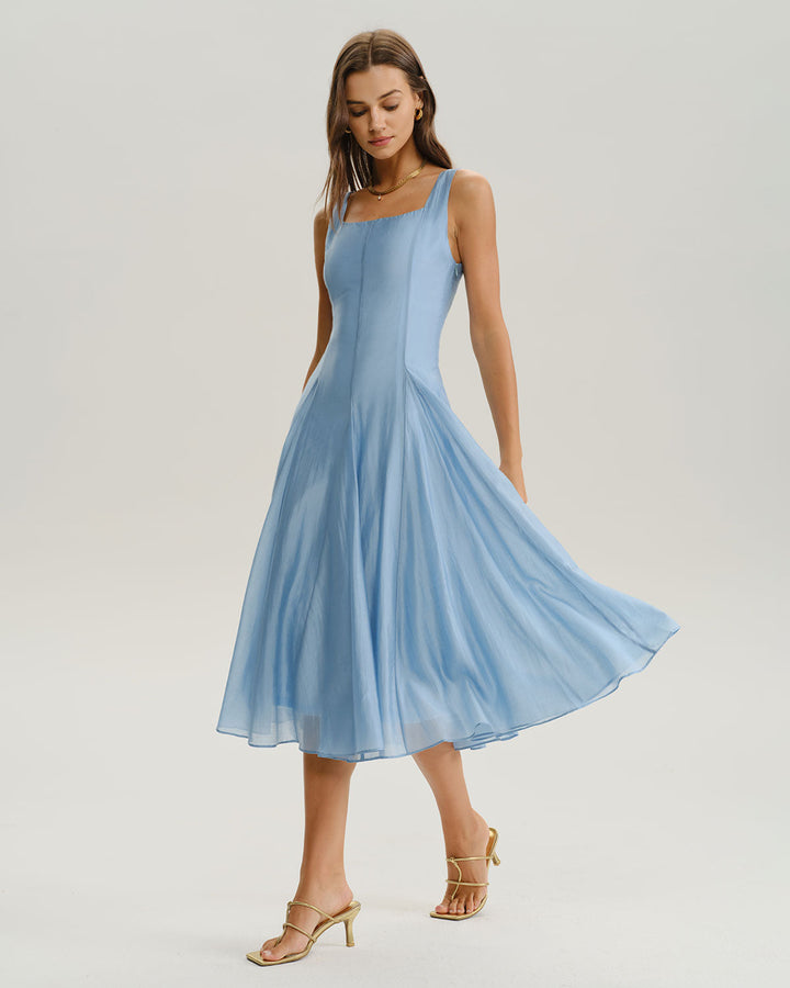SALE | Blue Square Neck A-Line Sleeveless Midi Dress