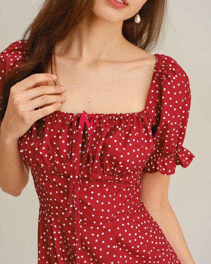SALE | Red Polka Dot A-Line Square Neck Midi Dress