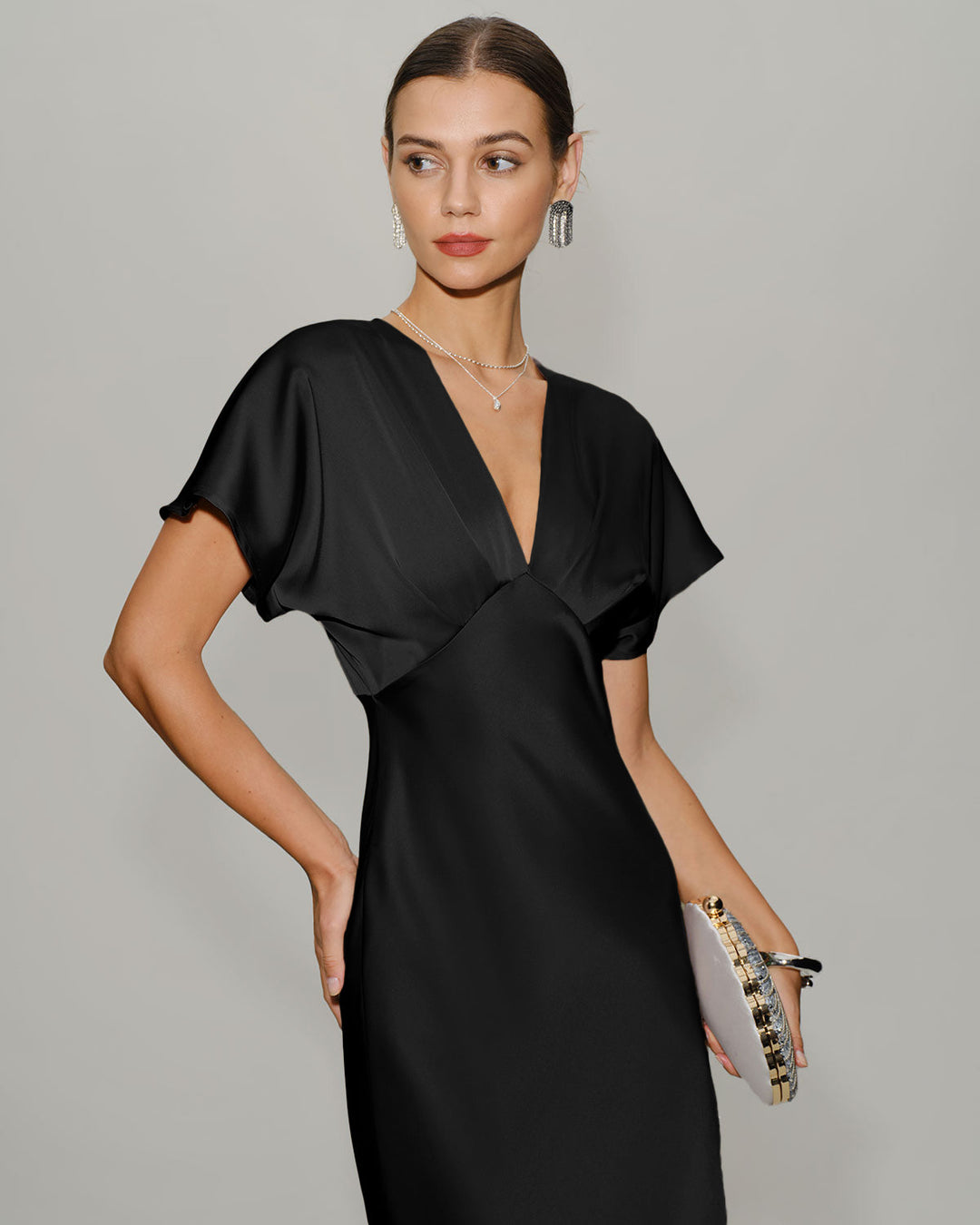 SALE | Black Satin V Neck Cowl Sleeve Midi Dress