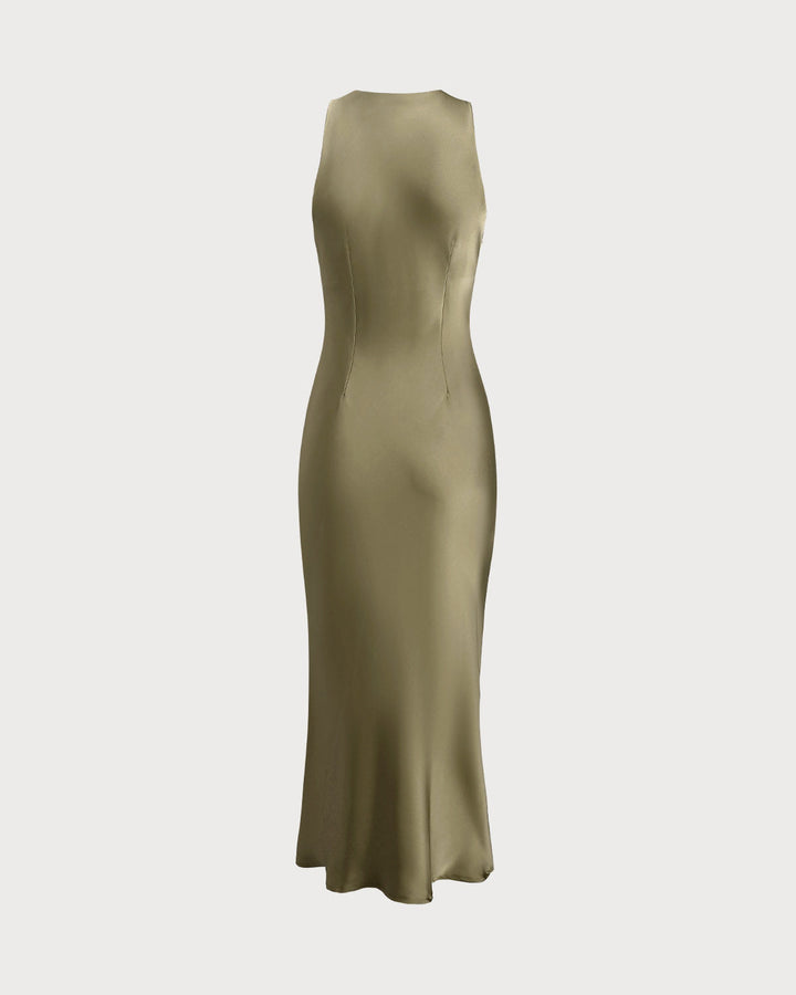 SALE | Green Satin Boat Neck Slip Midi Dress