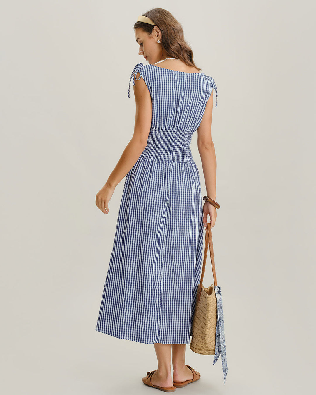 SALE | Blue Plaid Boat Neck Shirred Midi Dress
