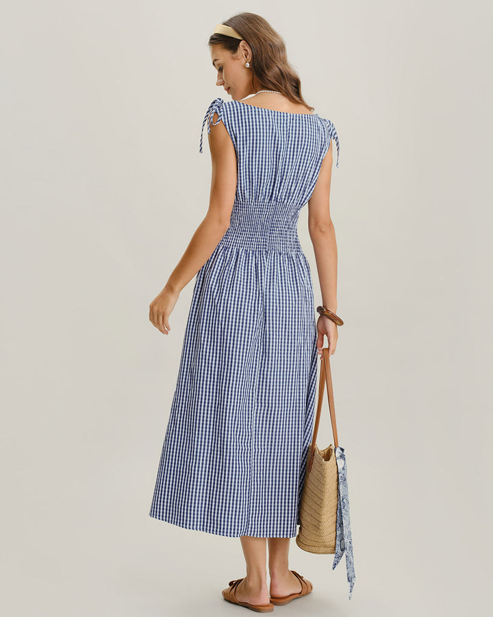 SALE | Blue Plaid Boat Neck Shirred Midi Dress