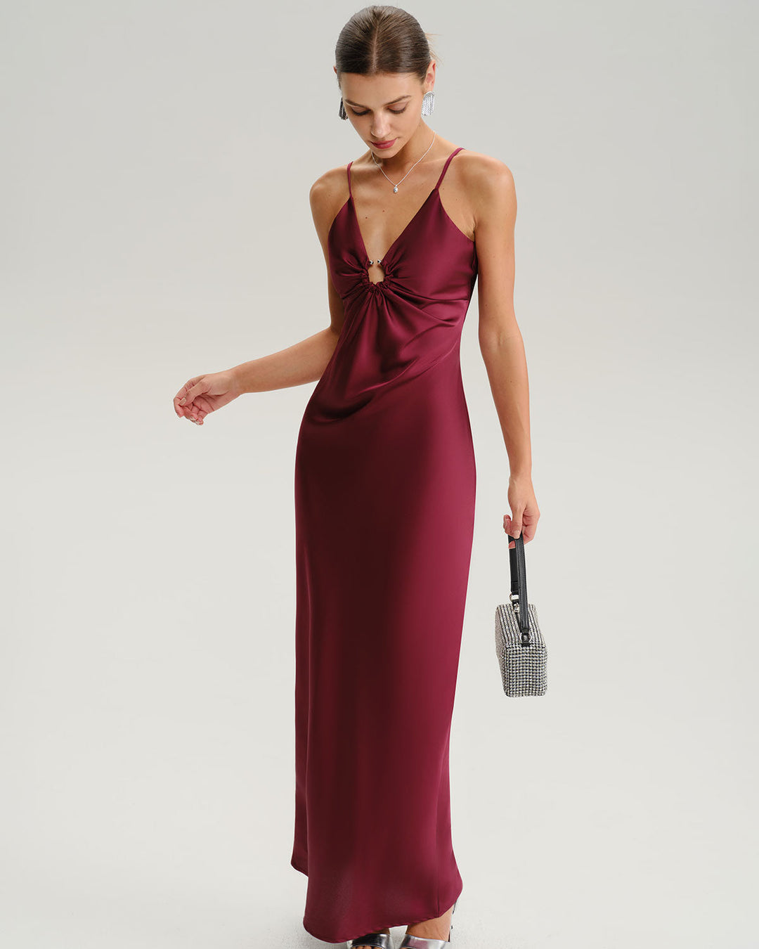 SALE | Wine Red Ruched V Neck Slip Maxi Dress