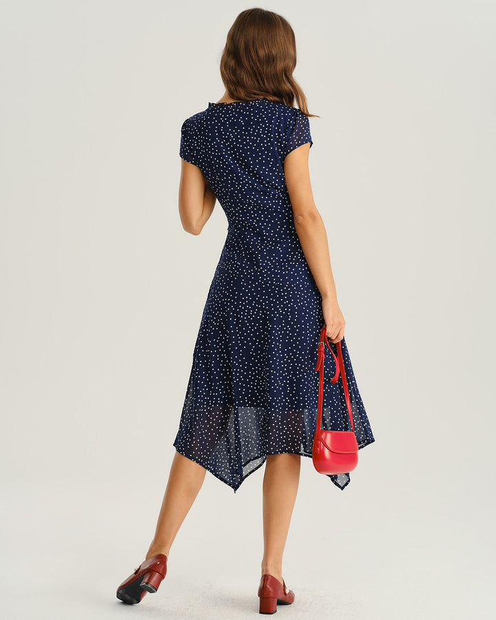 SALE | Navy Polka Dot Cap Sleeve Midi Dress