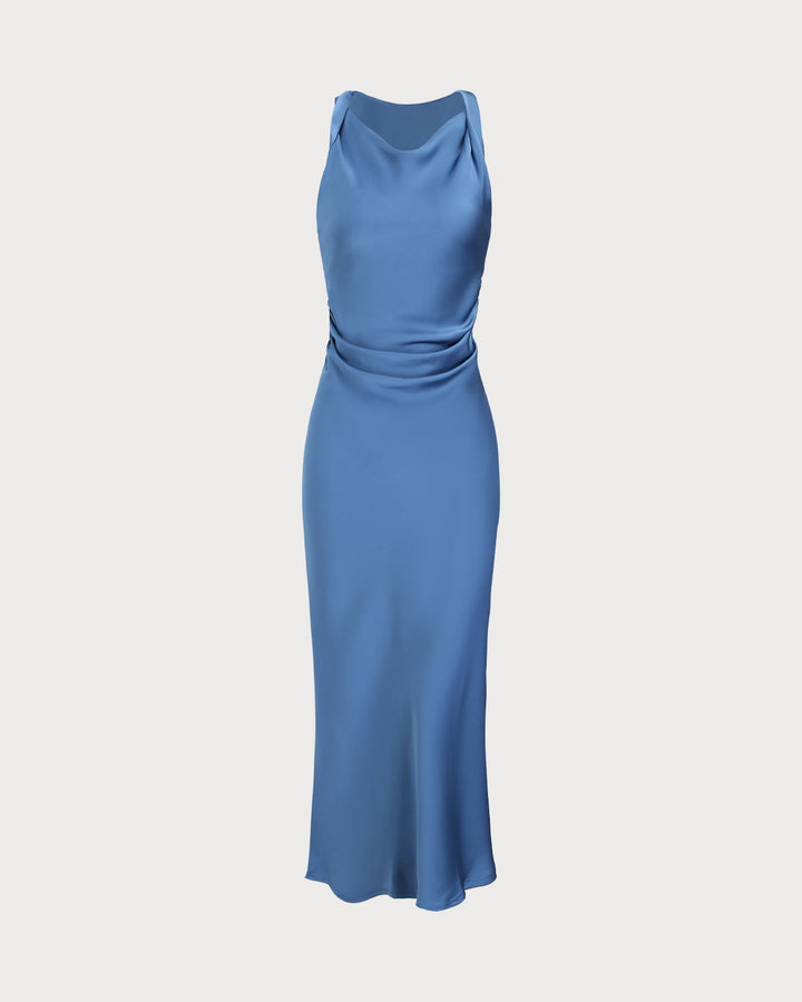 SALE | Blue Satin Boat Neck Slip Midi Dress