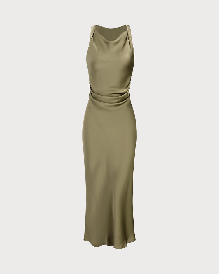SALE | Green Satin Boat Neck Slip Midi Dress