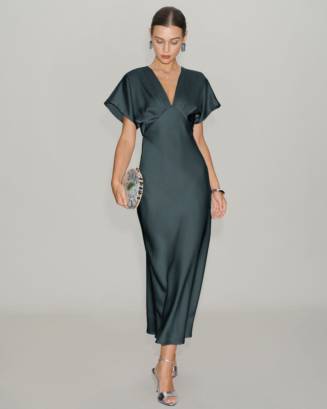 SALE | Green Satin Cowl Sleeve Midi Dress